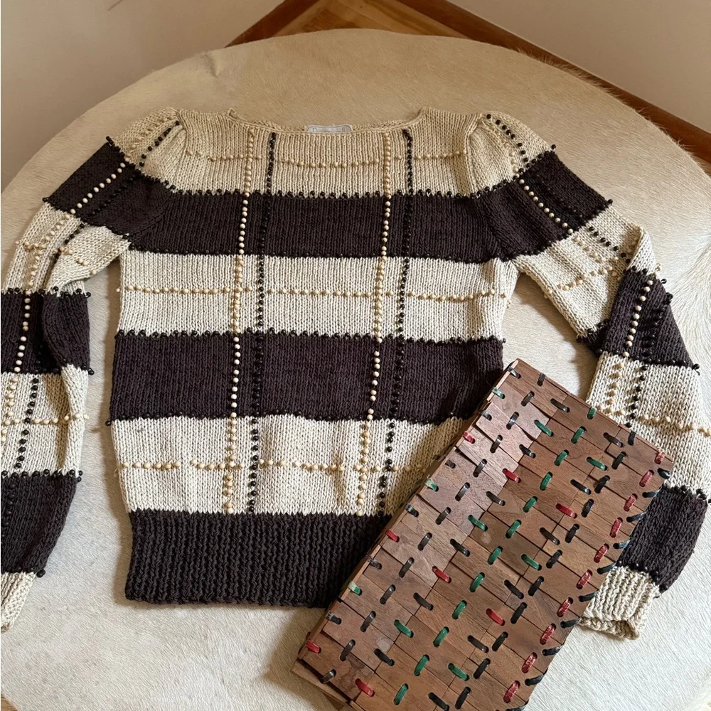 Chocolate Brown and Cream Striped Sweater w tiny wooden beads- Vintage Nannell - Picture 4 of 15